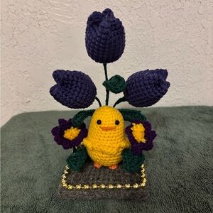 Handcrafted Yellow and Purple Crochet Chick with Flowers